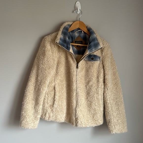 Pendleton Sherpa Jacket Ivory Blue Flannel Fuzzy Gorpcore Nature Small - Picture 2 of 10